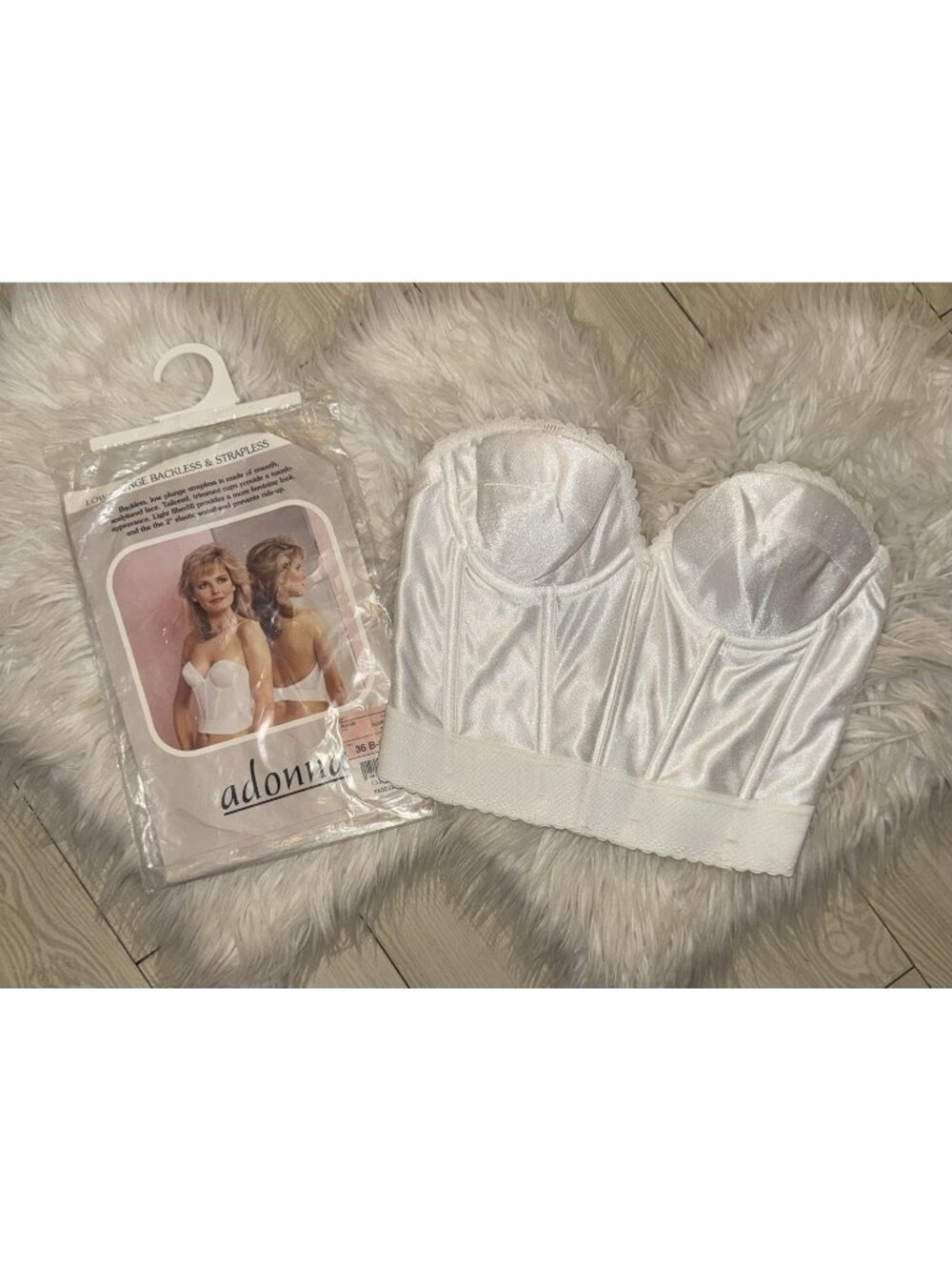 Vintage Adonna Low Plunge Backless Strapless Corset Bra UW Satin 36B White New